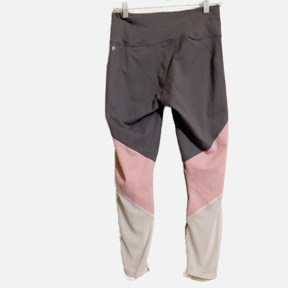 Fabletics Powerhold High Waisted Mesh Block Striped Gray Pink Leggings. - Picture 2 of 11